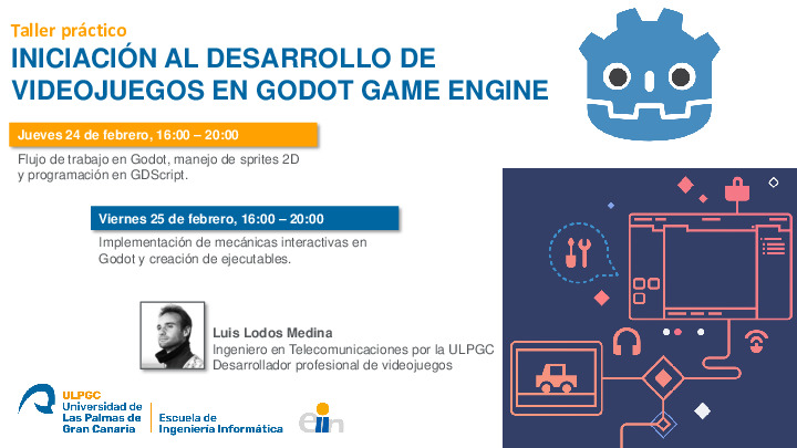 Cartel del taller práctico de Iniciación al desarrollo de videojuegos en godot
