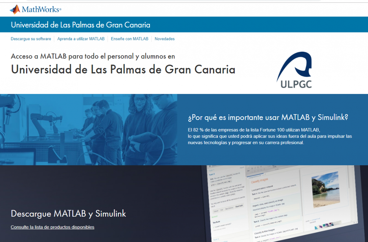 Pantallazo de la página ULPGC de Mathworks