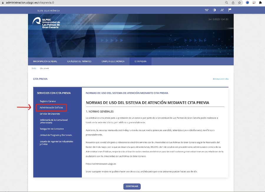La cita previa para la Administración de Edificios de las distintas facultades se encuentra dentro del submenú Administración Edificios