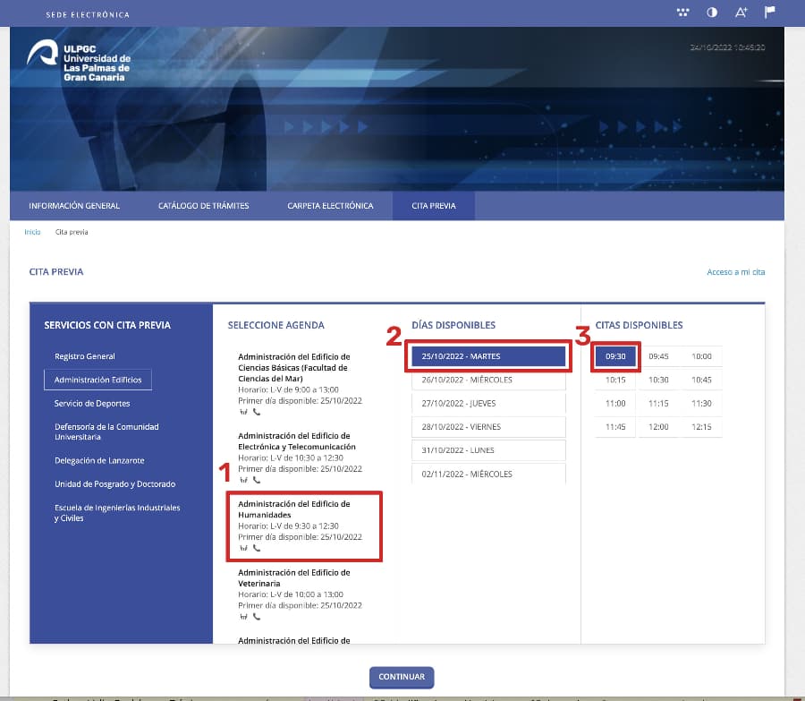 Seleccionar unidad y a continuación la fecha. Por último la hora entre las disponibles