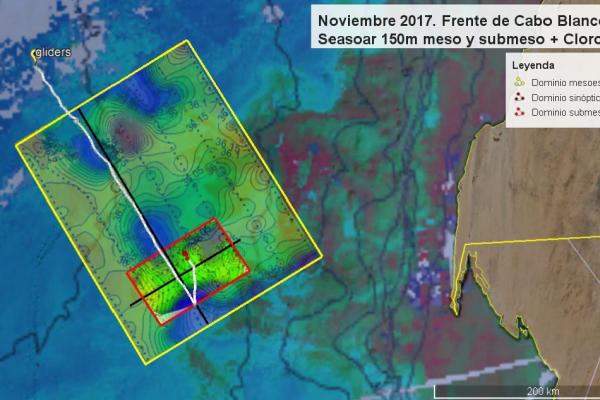 Zonas de muestreo durante la campaña FLUXES 2. La línea blanca indica el recorrido de los Gliders.